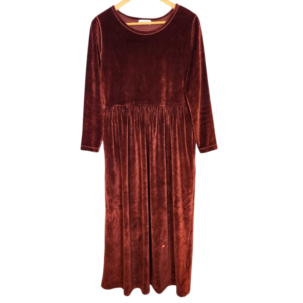 Vintage 90s Corduroy Velvet Long Sleeve Dress Maxi Cottage Whimsigoth Brown‎ L